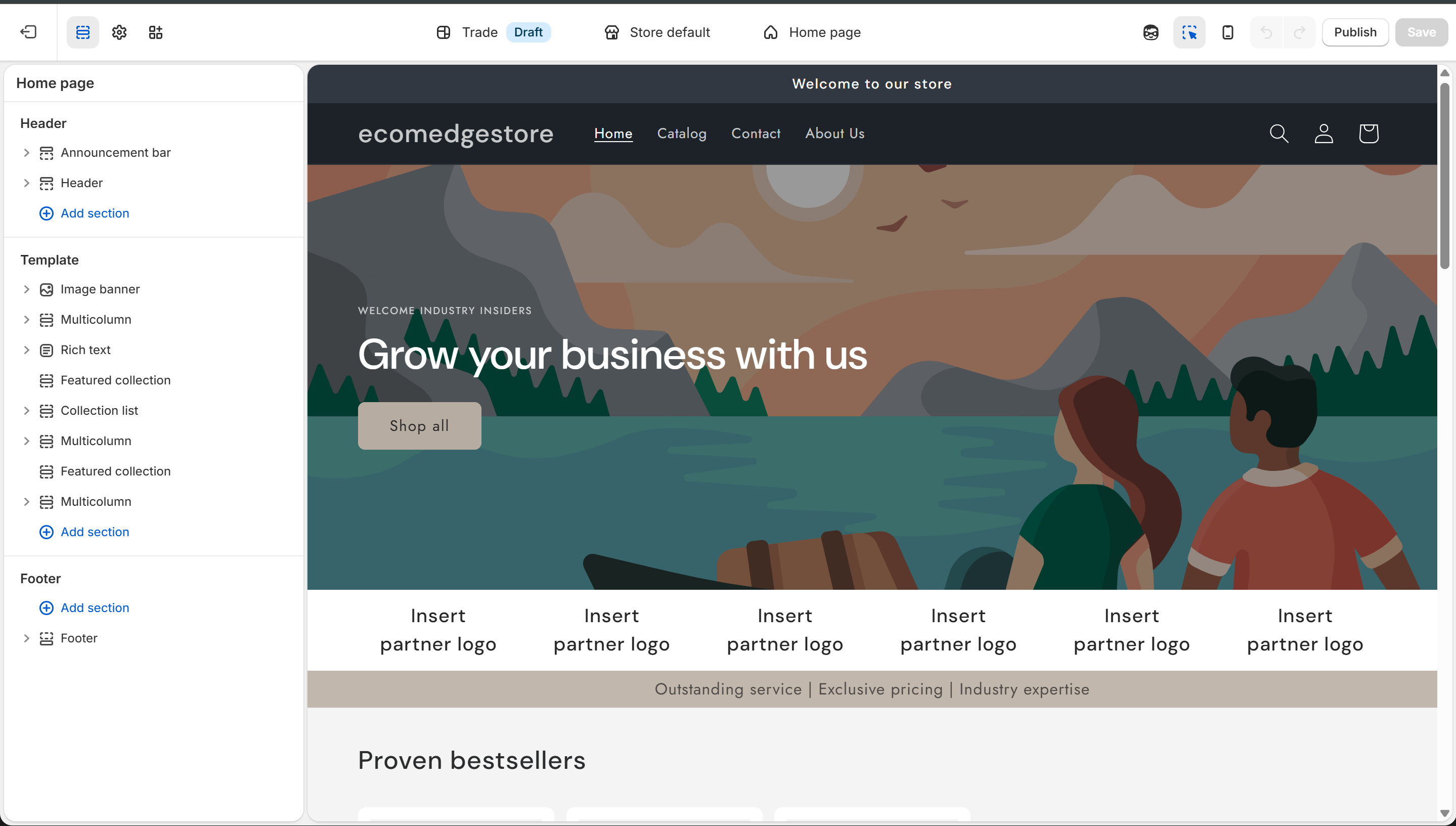 Theme Editor — sections and blocks in left sidebar